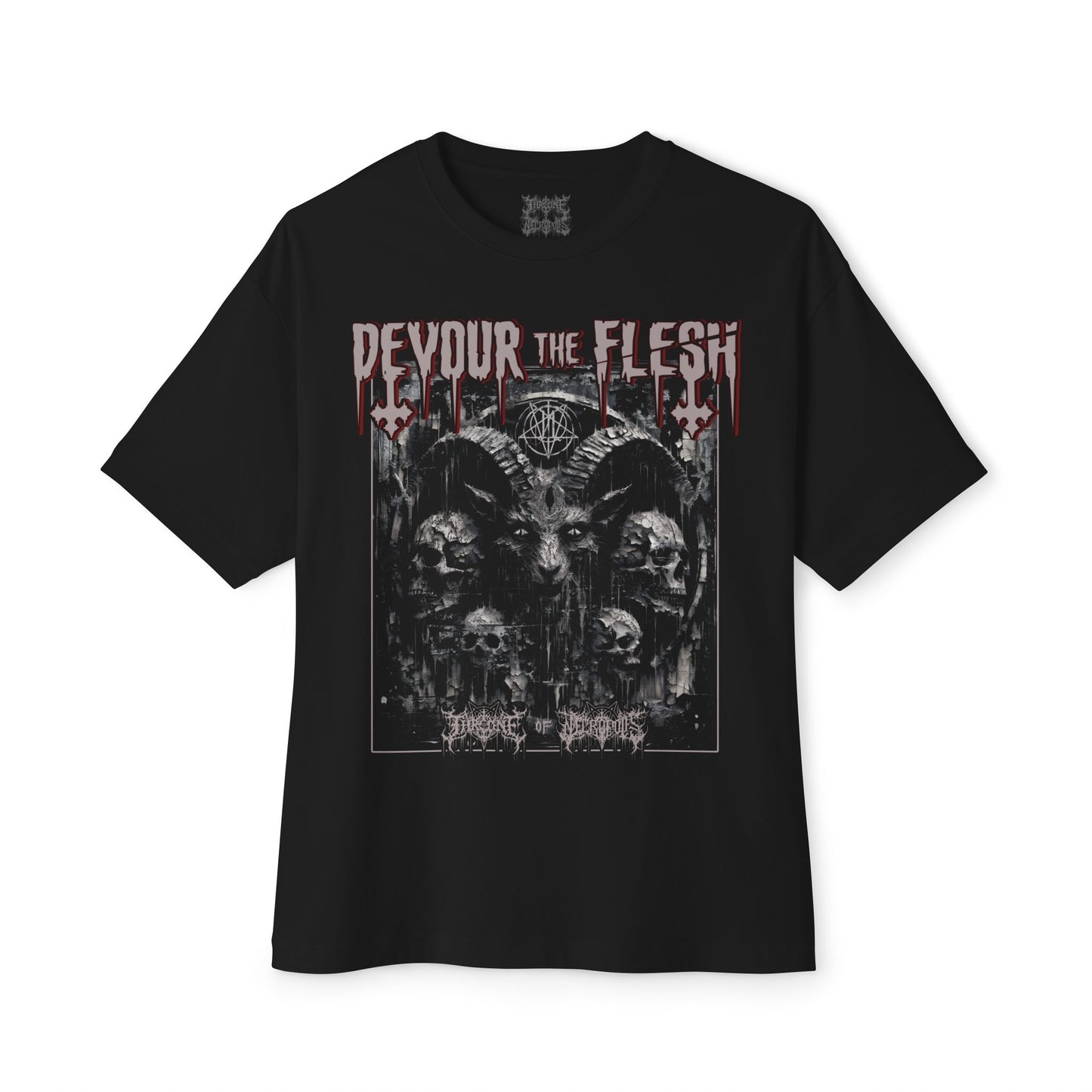 Devour the Flesh Shirt Baphomet Oversized Boxy T-shirt Satanic Lucifer Occult Witchcraft Summon Conjure Throne of Necropolis Apparel Alternative Clothing Evil Streetwear Goth Pentagram Tee Tank Top Sleeveless Distressed Distortred Smeared Skulls Cracked Scary Horror Blaspemous Blasphemy Black Magic Hail Satan Front View