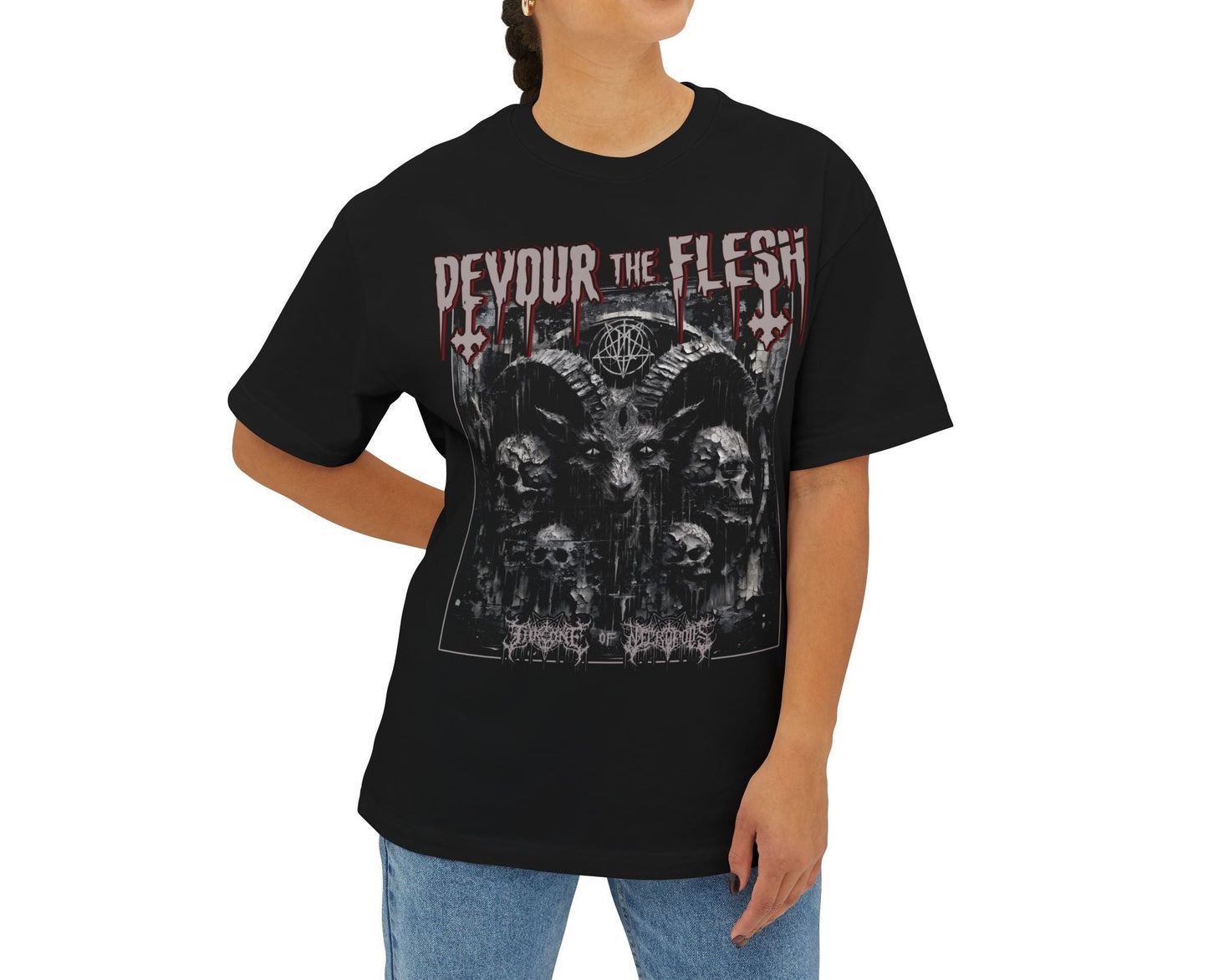 Model wearing Devour the Flesh Shirt Baphomet Oversized Boxy T-shirt Satanic Lucifer Occult Witchcraft Summon Conjure Throne of Necropolis Apparel Alternative Clothing Evil Streetwear Goth Pentagram Tee Tank Top Sleeveless Distressed Distortred Smeared Skulls Cracked Scary Horror Blaspemous Blasphemy Black Magic Hail Satan Front View