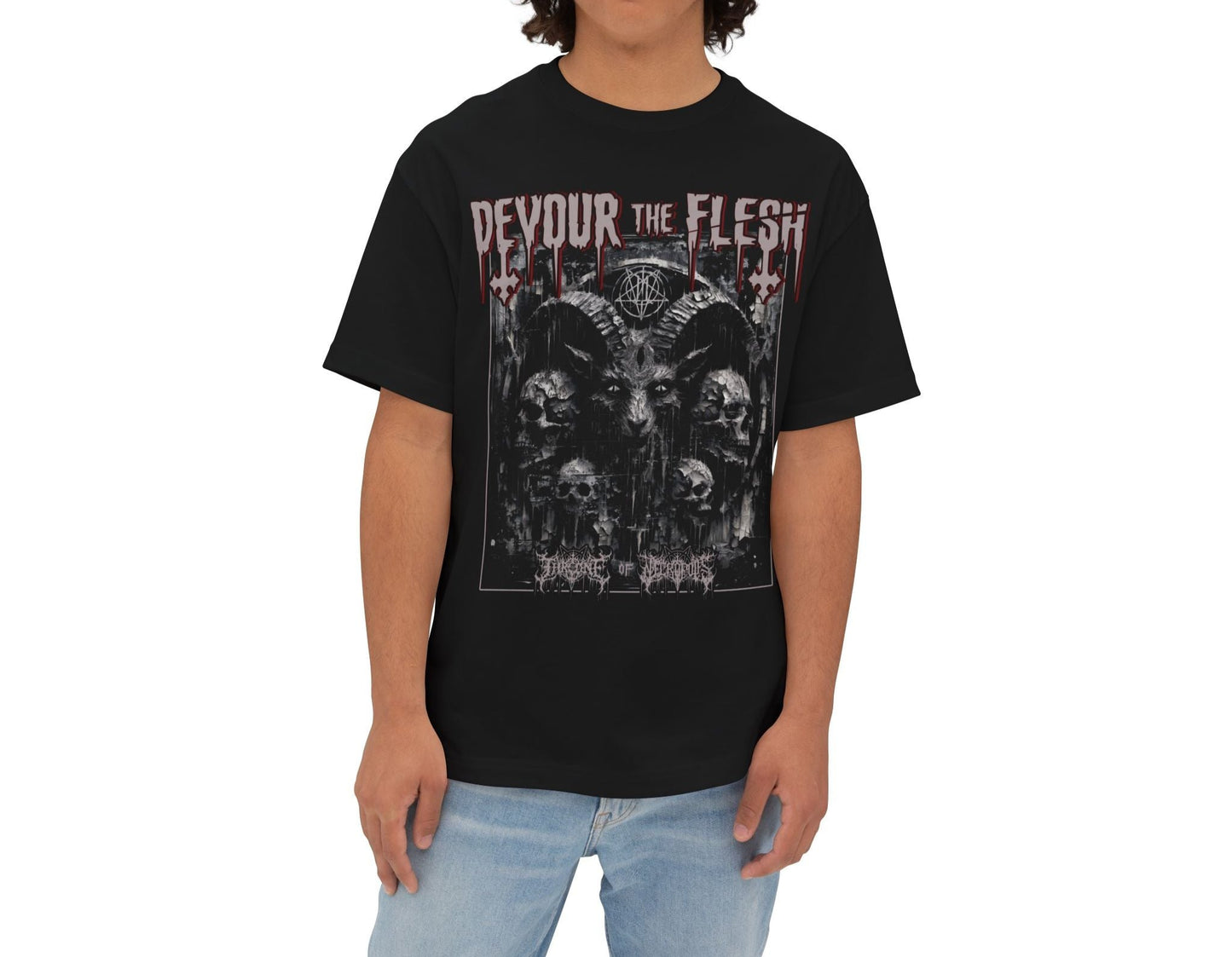 model wearing Devour the Flesh Shirt Baphomet Oversized Boxy T-shirt Satanic Lucifer Occult Witchcraft Summon Conjure Throne of Necropolis Apparel Alternative Clothing Evil Streetwear Goth Pentagram Tee Tank Top Sleeveless Distressed Distortred Smeared Skulls Cracked Scary Horror Blaspemous Blasphemy Black Magic Hail Satan Front View