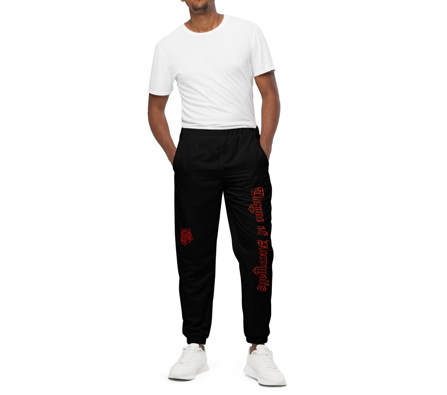 Model Wearing Black Joggers Pants Sweats Alternative Streetwear Red Throne of Necropolis logo Print and Seal Sigil Witch Occult Witchcraft Goetia Front View