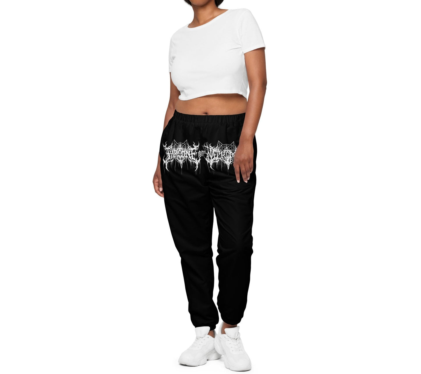 Model wearing Throne of Necropolis Crotch Print Black Joggers Pants Sweats with Throne of Necropolis Pentagram Crotch Print in White front view
