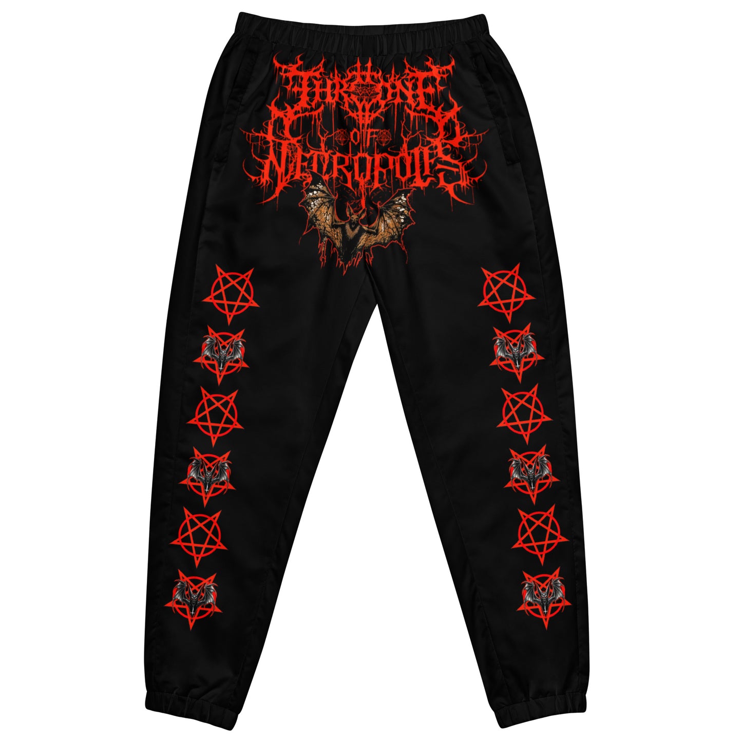 Unisex Black joggers pants sweats with red crotch print evil bat throne of necropolis red pentagram with bat both legs print demon satan evil red hands with black palm pentagram on back ankles blood wing front view