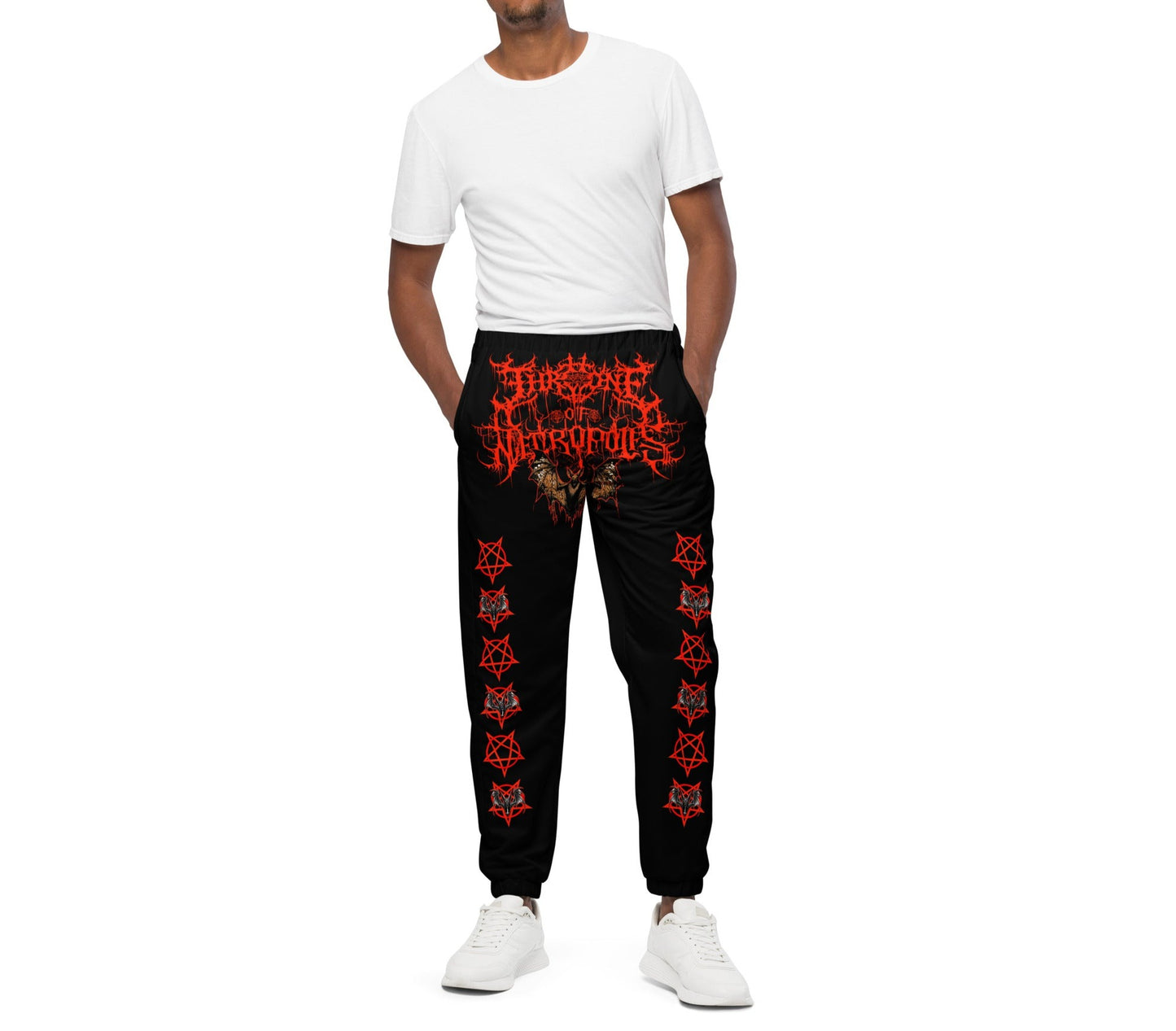 model wearing Unisex Black joggers pants sweats with red crotch print evil bat throne of necropolis red pentagram with bat both legs print demon satan evil red hands with black palm pentagram on back ankles blood wing front view