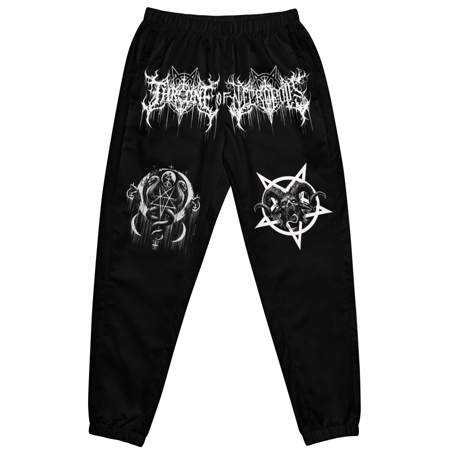 eldritch realm black pants sweats joggers with throne of necropolis logo white print on crotch with pentagram demon on left leg and order of ascension moon snakes pentagram seal of lucifer on right leg front view