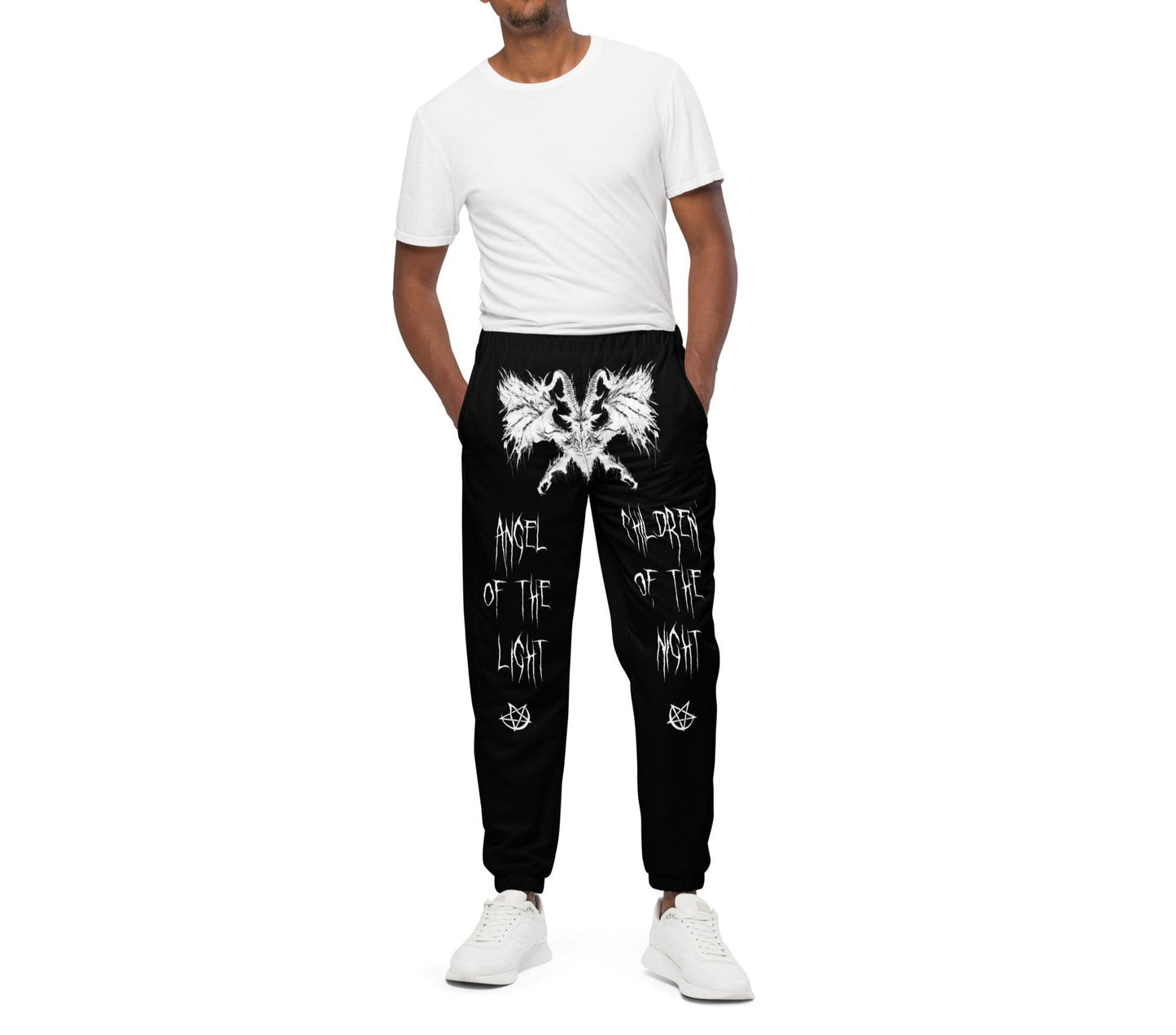 model wearing Black Joggers Pants Sweats Wing Demon Print in white on crotch Throne of Necropolis White Print on back Angel of the light leg Print and Children of the night Leg Print Alternative Streetwear Goth Witchcraft Occult Crescent Moon Pentagram front view
