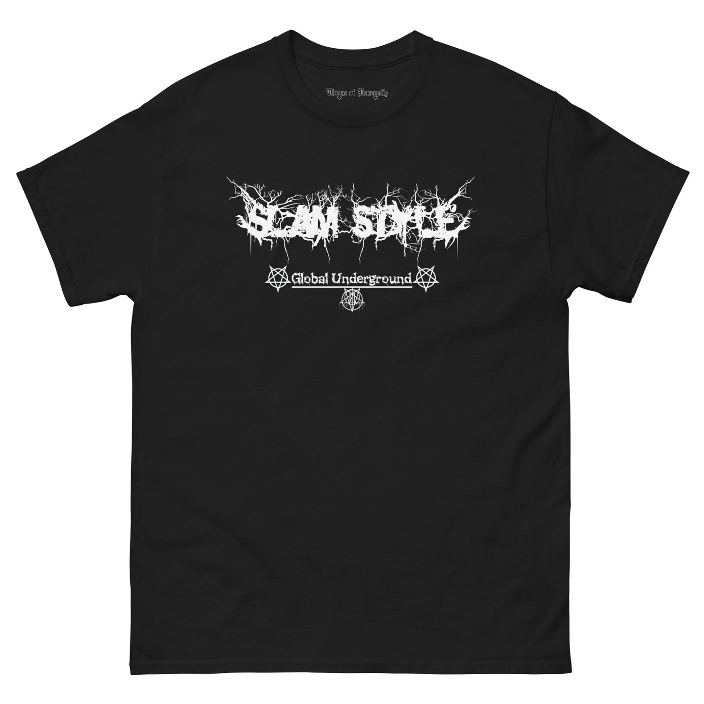 black slam style global underground deathcore death metal pentagram black on white throne of necropolis extreme music metal alt alternative street wear tee shirt slamming death slam bands slam logo front view white font