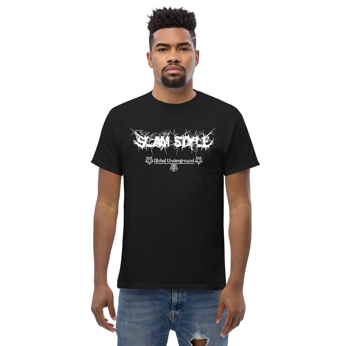 model wearing slam style global underground deathcore death metal pentagram black on white throne of necropolis extreme music metal alt alternative street wear tee shirt slamming death slam bands slam logo front view
