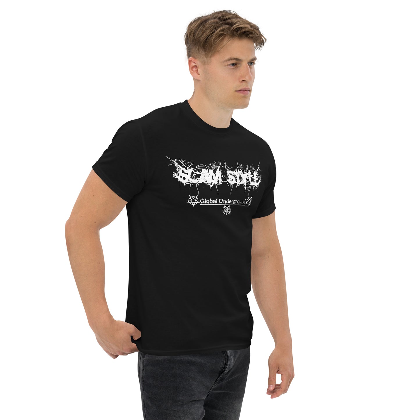 model wearing slam style global underground deathcore death metal pentagram black on white throne of necropolis extreme music metal alt alternative street wear tee shirt slamming death slam bands slam logo front view