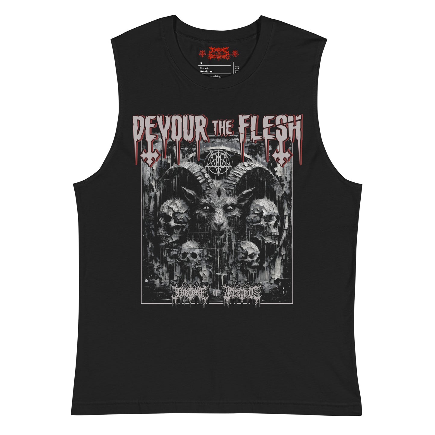 Devour the Flesh Muscle Shirt Baphomet Satanic Lucifer Occult Witchcraft Summon Conjure Throne of Necropolis Apparel Alternative Clothing Evil Streetwear Goth Pentagram Tee Tank Top Sleeveless Distressed Distortred Smeared Skulls Cracked Scary Horror Blaspemous Blasphemy Black Magic Hail Satan Front View