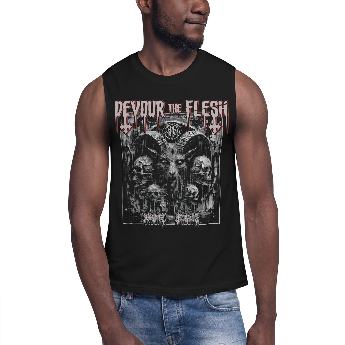 model wearing Devour the Flesh Muscle Shirt Baphomet Satanic Lucifer Occult Witchcraft Summon Conjure Throne of Necropolis Apparel Alternative Clothing Evil Streetwear Goth Pentagram Tee Tank Top Sleeveless Distressed Distortred Smeared Skulls Cracked Scary Horror Blaspemous Blasphemy Black Magic Hail Satan Front View