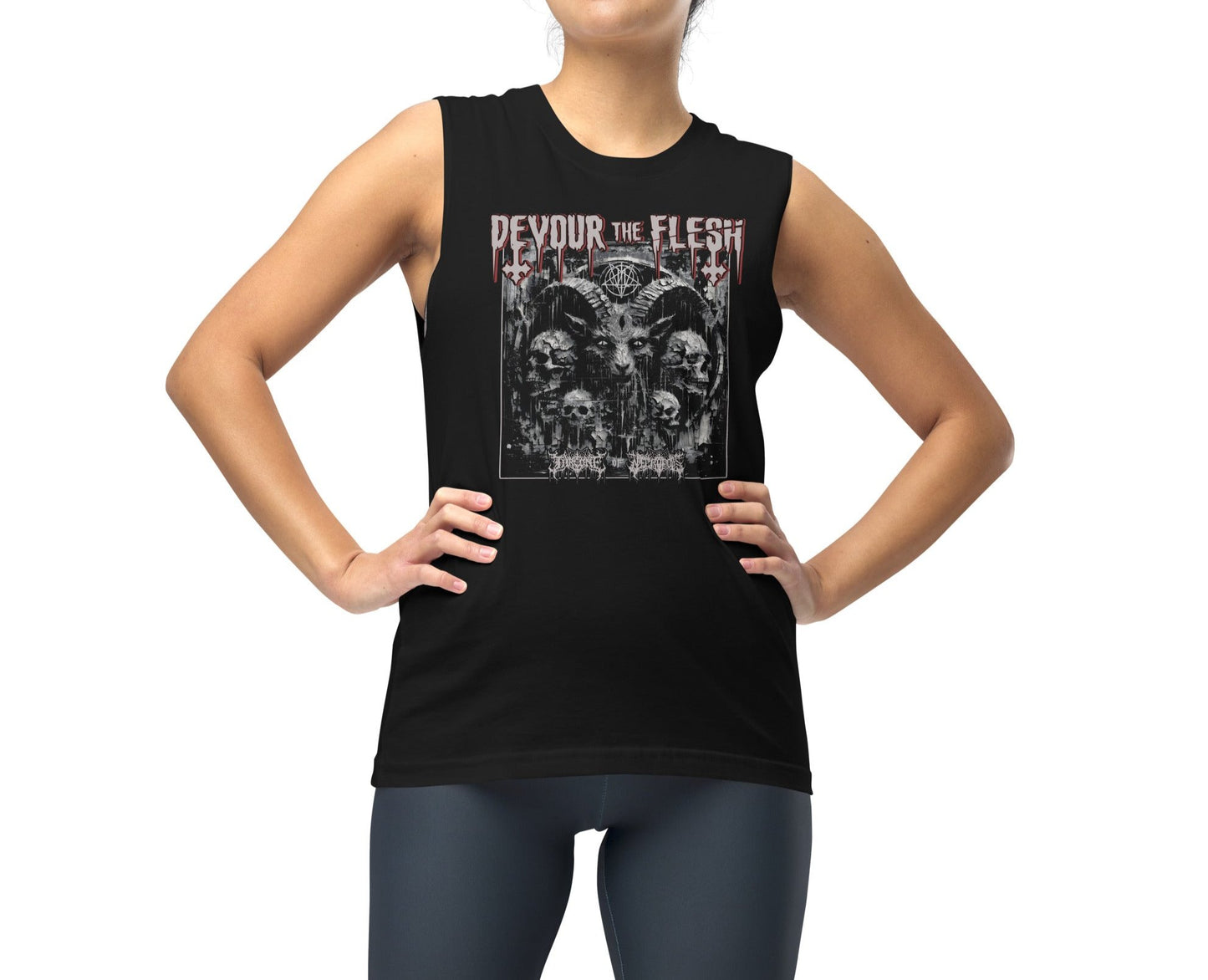 girl model wearing Devour the Flesh Muscle Shirt Baphomet Satanic Lucifer Occult Witchcraft Summon Conjure Throne of Necropolis Apparel Alternative Clothing Evil Streetwear Goth Pentagram Tee Tank Top Sleeveless Distressed Distortred Smeared Skulls Cracked Scary Horror Blaspemous Blasphemy Black Magic Hail Satan Front View