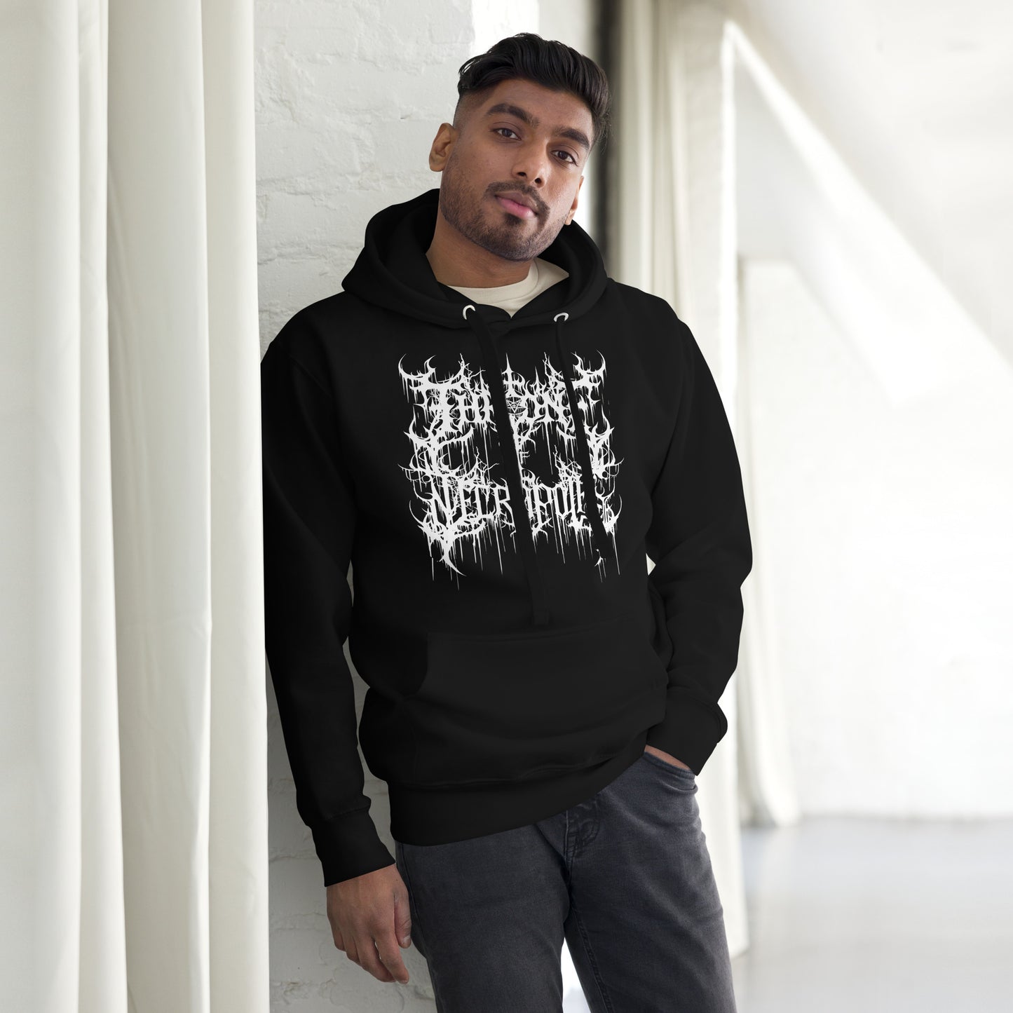 model wearing throne of necropolis hoodie goth hoodie death hoodie death metal hoodie alt hoodie alternative hoodie black