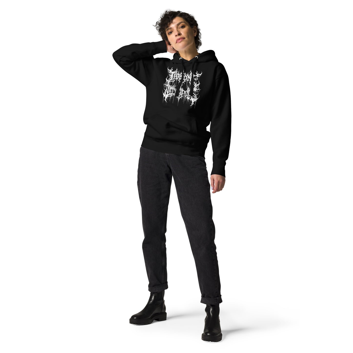 girl wearing throne of necropolis hoodie goth hoodie death hoodie death metal hoodie alt hoodie alternative hoodie black