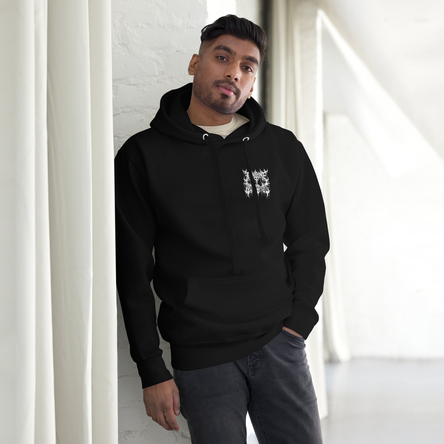 guy wearing model wearing throne of necropolis hoodie they will find you black goth evil demon baphomet satan alt fashion alternative clothes apparel death metal pentagram winter hoodie black metal front view