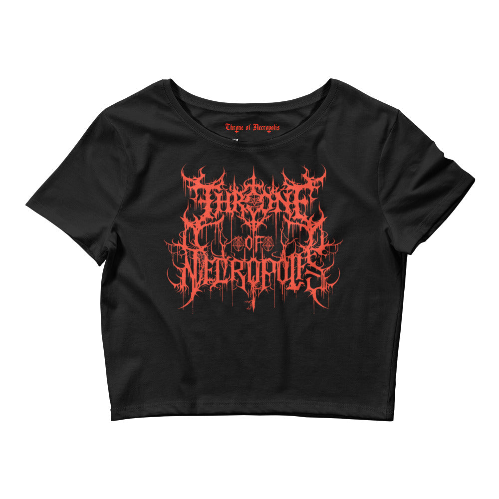 throne of necropolis black crop top with red death metal deathcore slam style genre font letters sharp dripping pentagram satan lucifer baphomet withcraft alt street wear front view