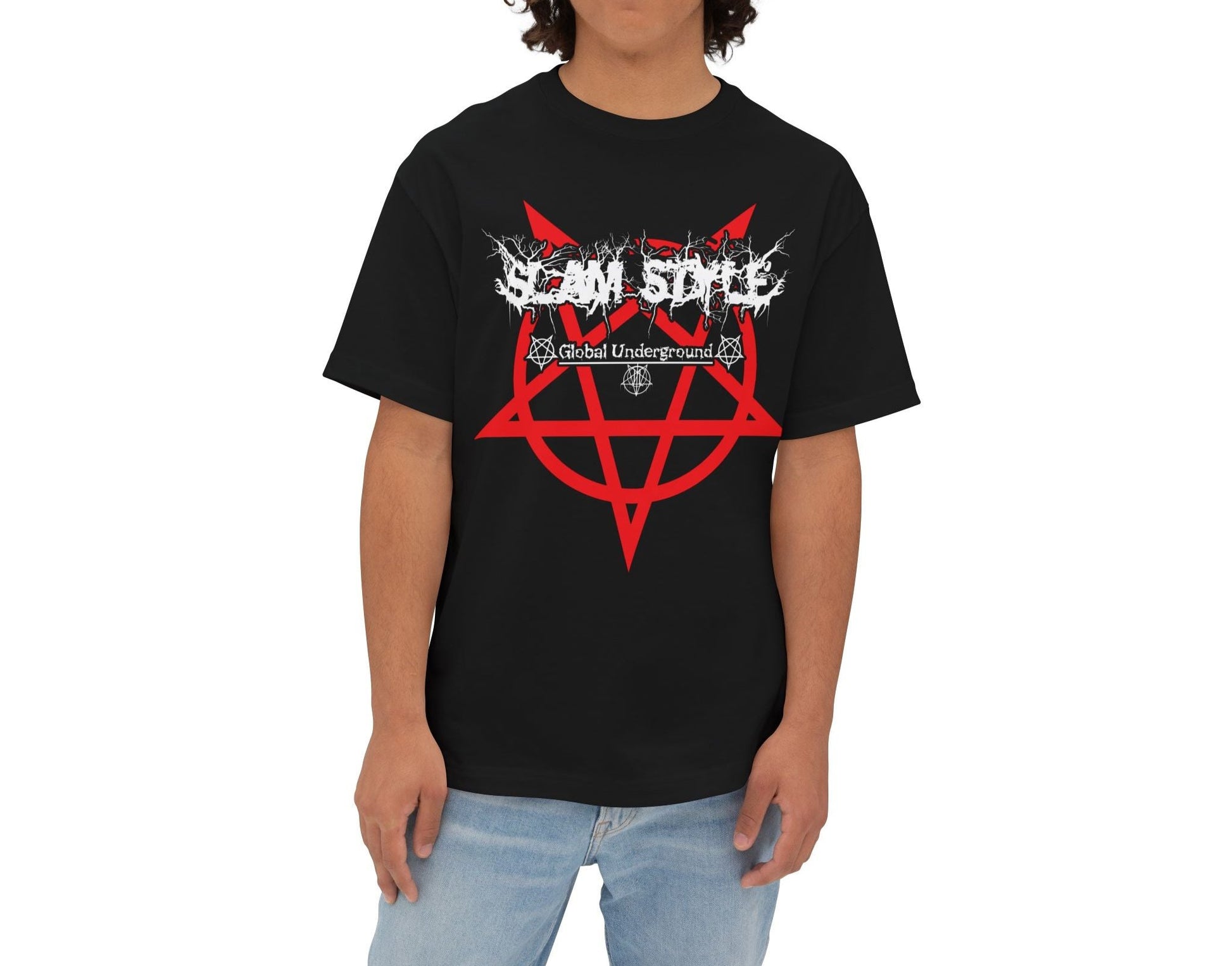 model wearing black shirt slam style global underground deathcore death metal pentagram black on white throne of necropolis extreme music metal alt alternative street wear tee shirt slamming death slam bands slam logo front view white font