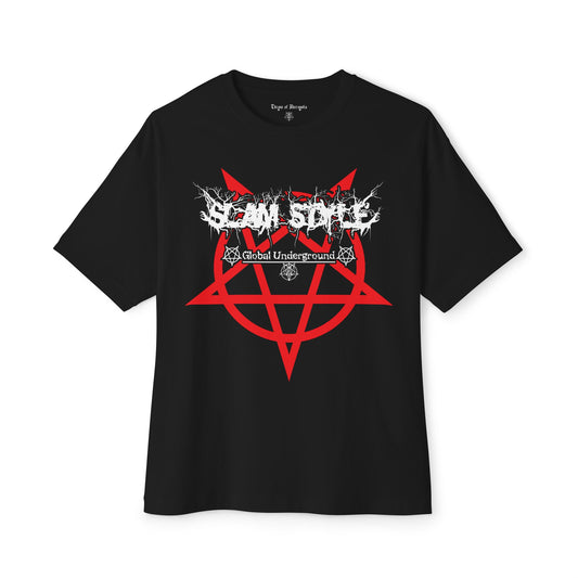 black shirt slam style global underground deathcore death metal pentagram black on white throne of necropolis extreme music metal alt alternative street wear tee shirt slamming death slam bands slam logo front view white font