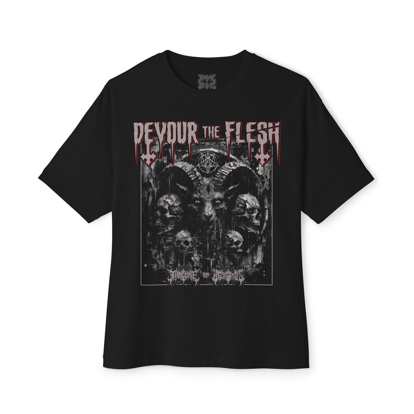 Devour the Flesh Shirt Baphomet Oversized Boxy T-shirt Satanic Lucifer Occult Witchcraft Summon Conjure Throne of Necropolis Apparel Alternative Clothing Evil Streetwear Goth Pentagram Tee Tank Top Sleeveless Distressed Distortred Smeared Skulls Cracked Scary Horror Blaspemous Blasphemy Black Magic Hail Satan Front View 