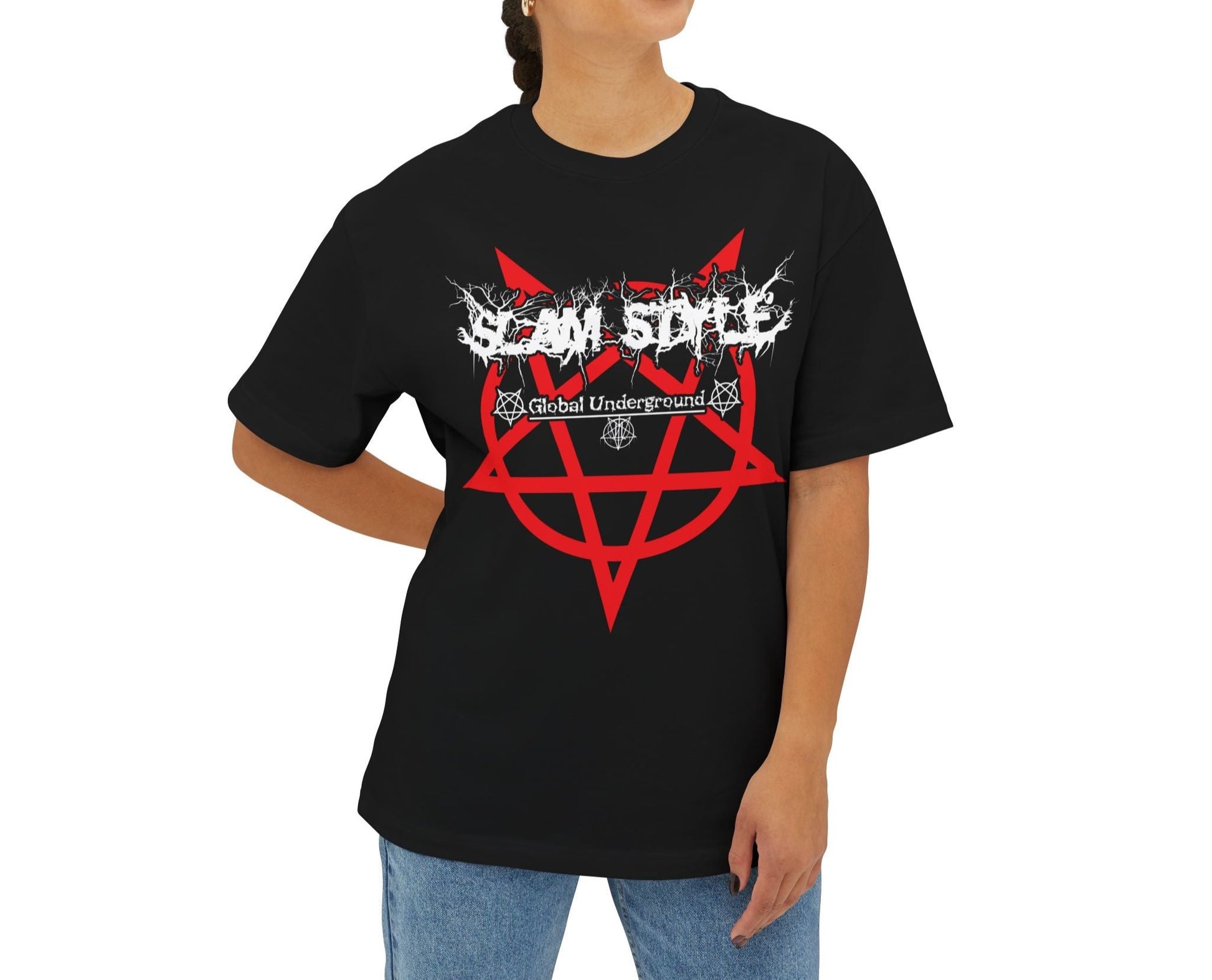 model wearing black shirt slam style global underground deathcore death metal pentagram black on white throne of necropolis extreme music metal alt alternative street wear tee shirt slamming death slam bands slam logo front view white font