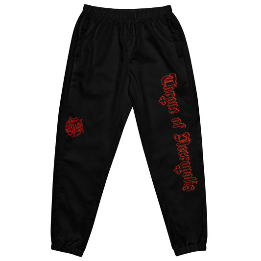 Black Joggers Pants Sweats Alternative Streetwear Red Throne of Necropolis logo Print and Seal Sigil Witch Occult Witchcraft Goetia Front View