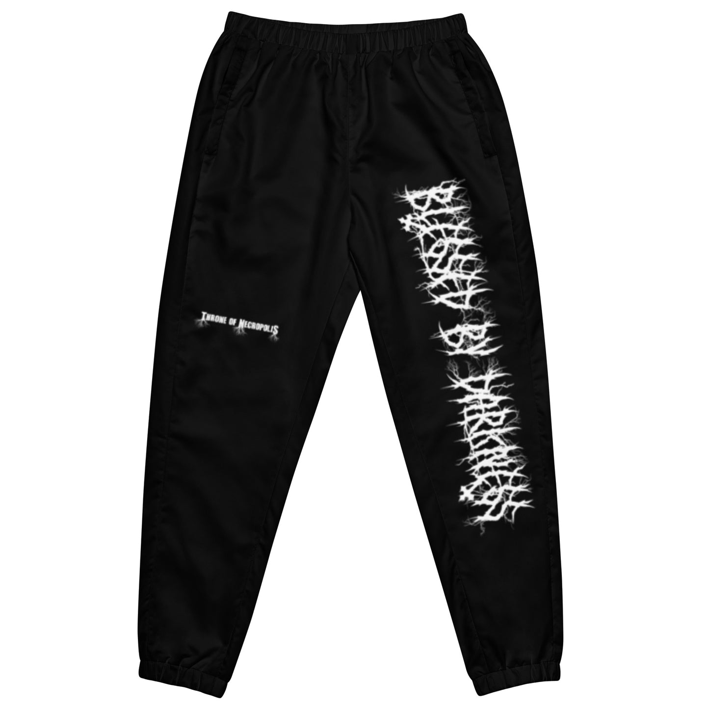 Black Joggers Pants Sweats Alternative Streetwear Blessed by Darkness Throne of Necropolis logo Seal Sigil Witch Occult Witchcraft Goetia front view