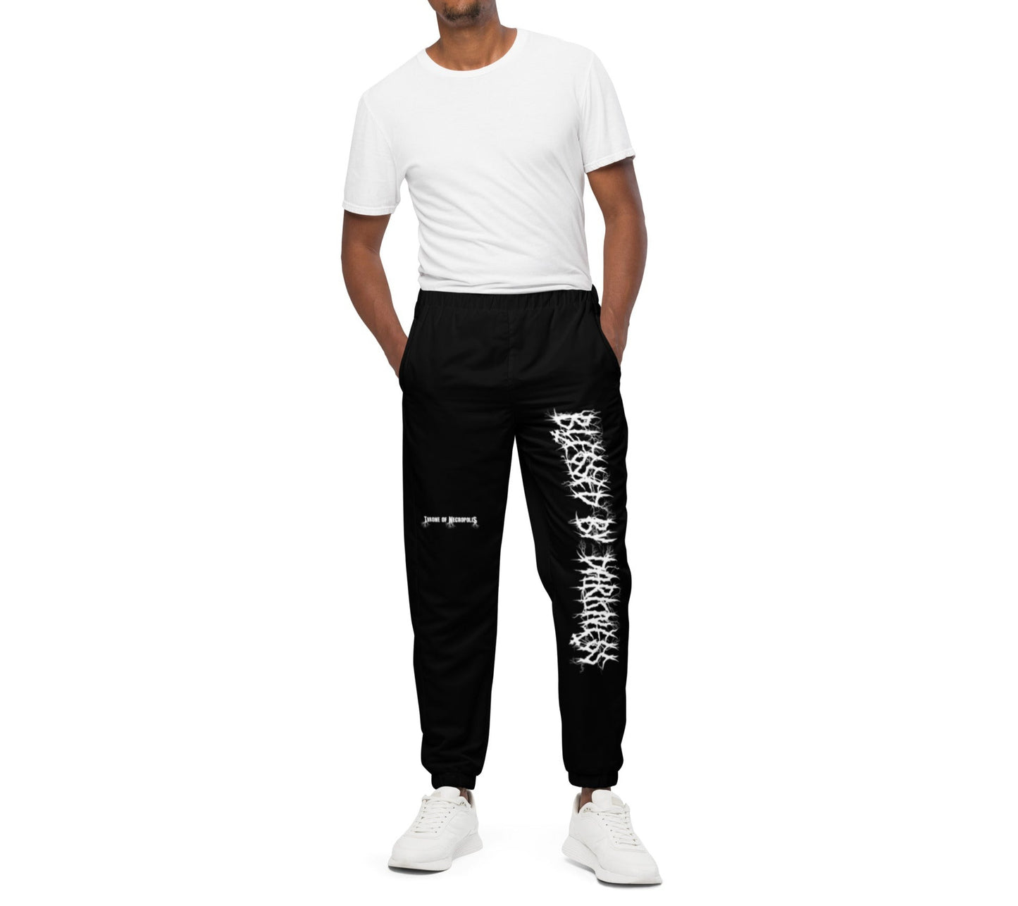 model wearing Black Joggers Pants Sweats Alternative Streetwear Blessed by Darkness Throne of Necropolis logo Seal Sigil Witch Occult Witchcraft Goetia front view