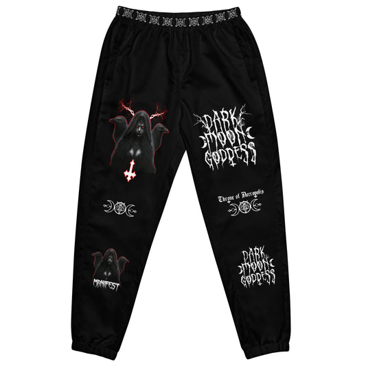 Black Joggers Pants Sweats Alternative Streetwear Lilith Ravens Inverted Cross Triple Moon Goddess Triple Moon Seal Sigil Throne of Necropolis Witch Occult Witchcraft Goetia front view