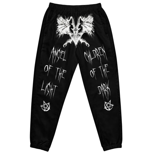 Black Joggers Pants Sweats Wing Demon Print in white on crotch Throne of Necropolis White Print on back Angel of the light leg Print and Children of the dark Leg Print Alternative Streetwear Goth Witchcraft Occult Crescent Moon Pentagram front view