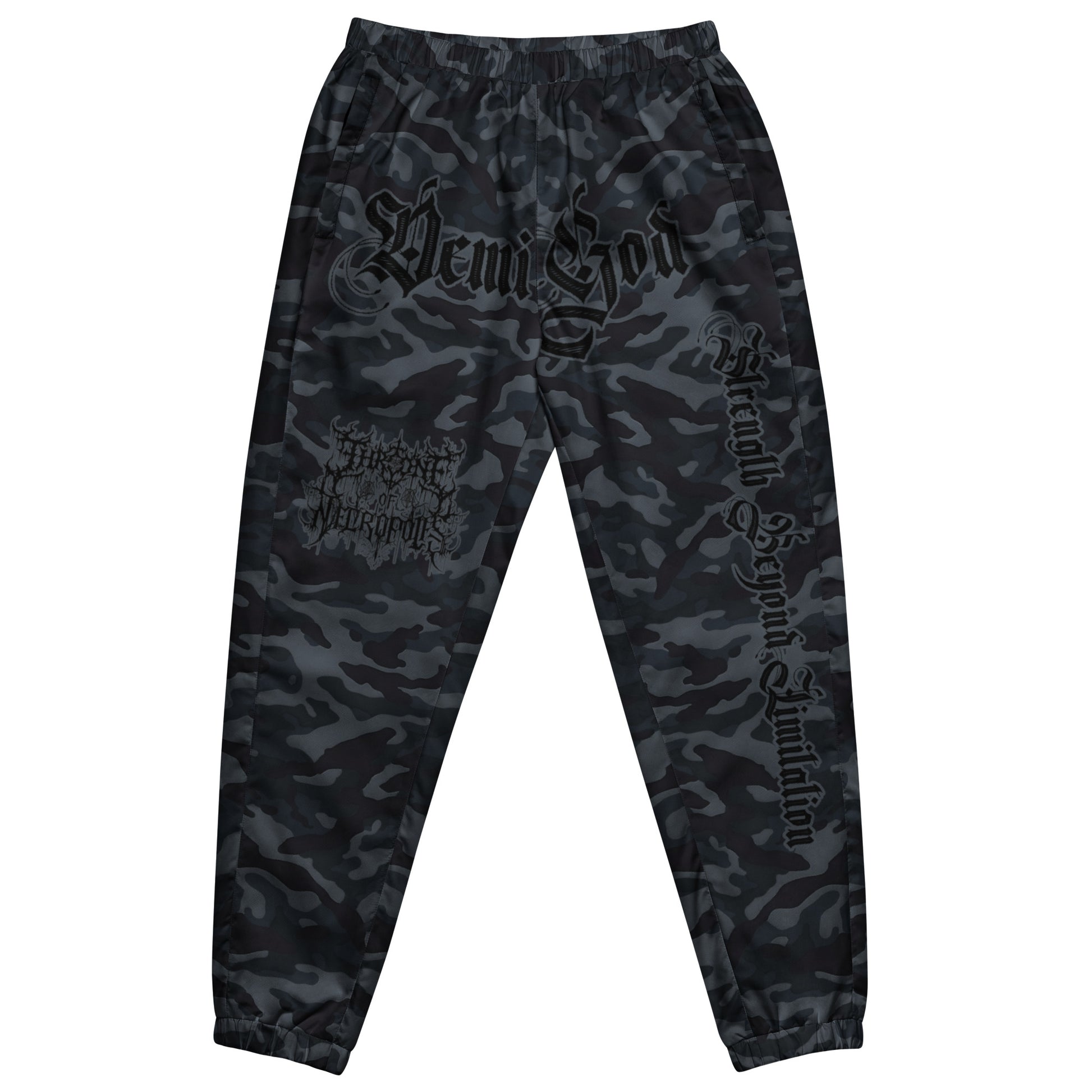 Dark Camo Joggers pants sweats with Demigod on crotch Strength Beyond Limitation on Left Leg and Throne of Necropolis logo on right leg front view