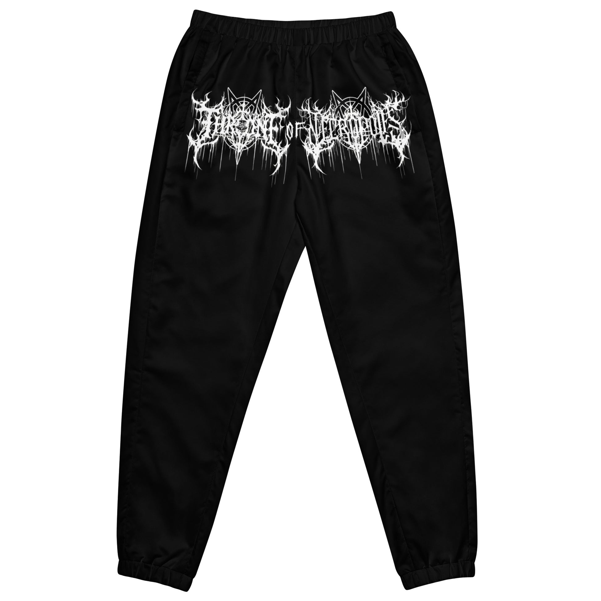 Throne of Necropolis Crotch Print Black Joggers Pants Sweats with Throne of Necropolis Pentagram Crotch Print in White front view