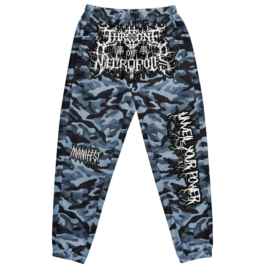 Blue Camo Joggers Pants Sweats Throne of Necropolis White Crotch Print Manifest leg Print and Unveil Your Power Leg Print Alternative Streetwear Goth Witchcraft Occult front view