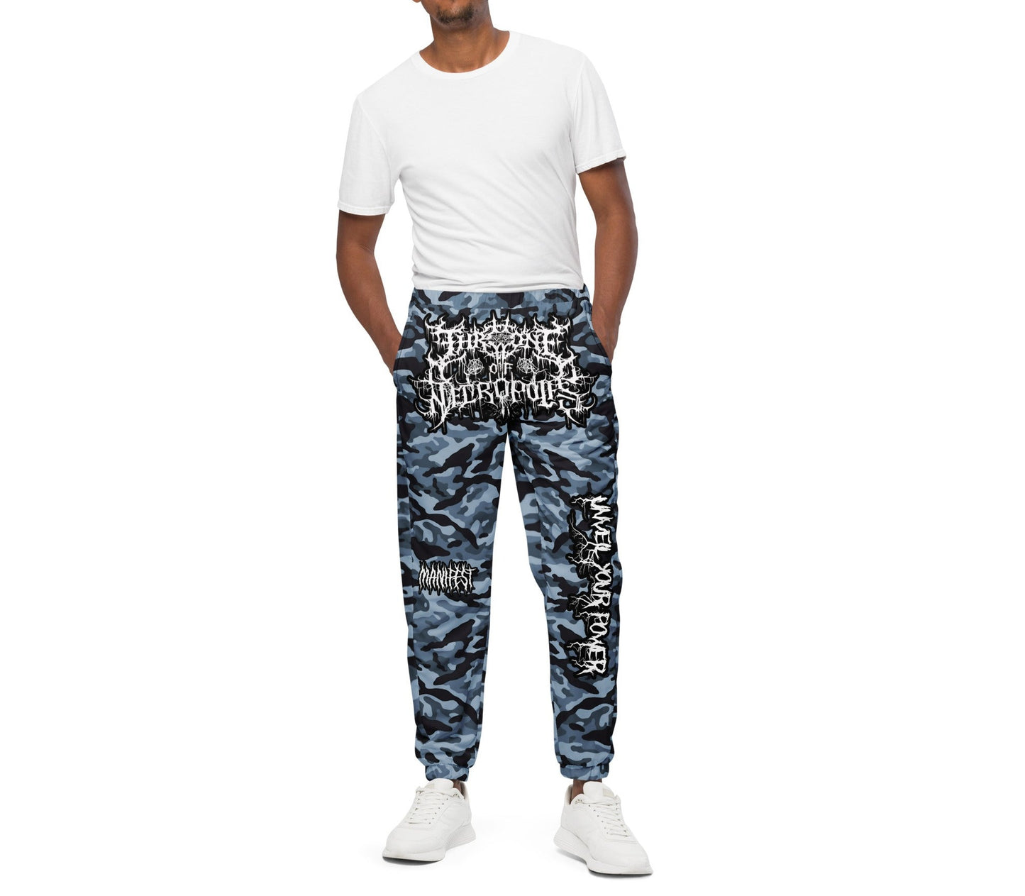 Model Wearing Blue Camo Joggers Pants Sweats Throne of Necropolis White Crotch Print Manifest leg Print and Unveil Your Power Leg Print Alternative Streetwear Goth Witchcraft Occult front view