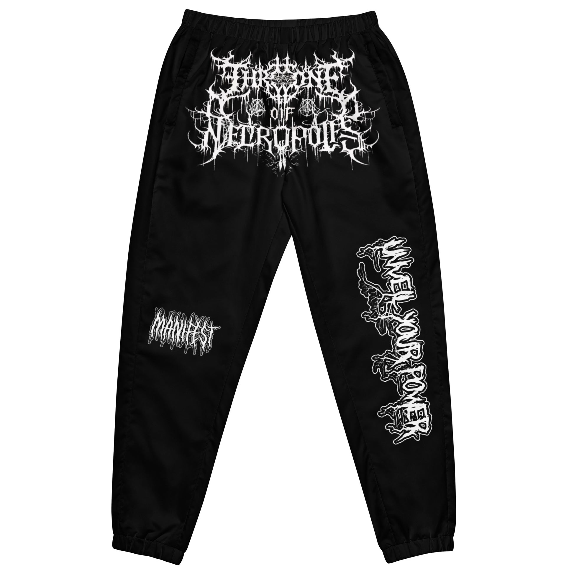 Black Joggers Pants Sweats Throne of Necropolis White Crotch Print Manifest leg Print and Unveil Your Power Leg Print Alternative Streetwear Goth Witchcraft Occult front view