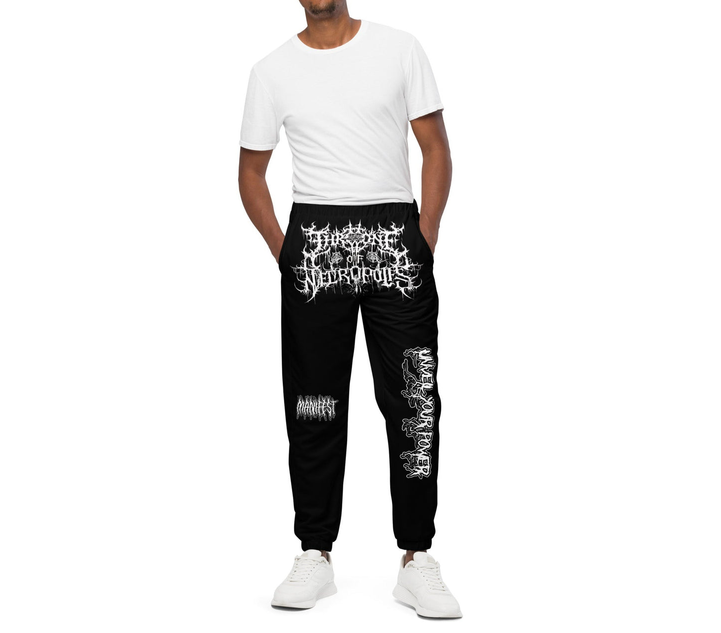 Model Wearing Black Joggers Pants Sweats Throne of Necropolis White Crotch Print Manifest leg Print and Unveil Your Power Leg Print Alternative Streetwear Goth Witchcraft Occult front view