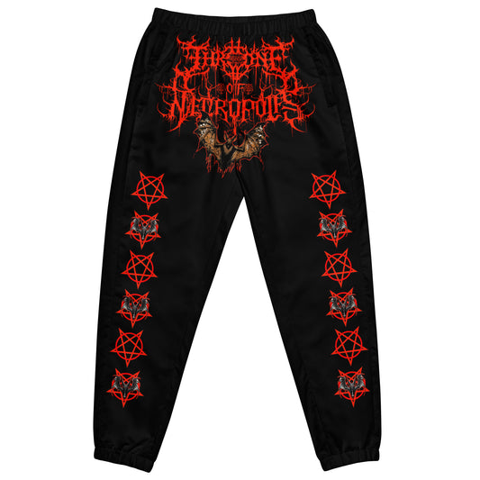 Unisex Black joggers pants sweats with red crotch print evil bat throne of necropolis red pentagram with bat both legs print demon satan evil red hands with black palm pentagram on back ankles blood wing front view