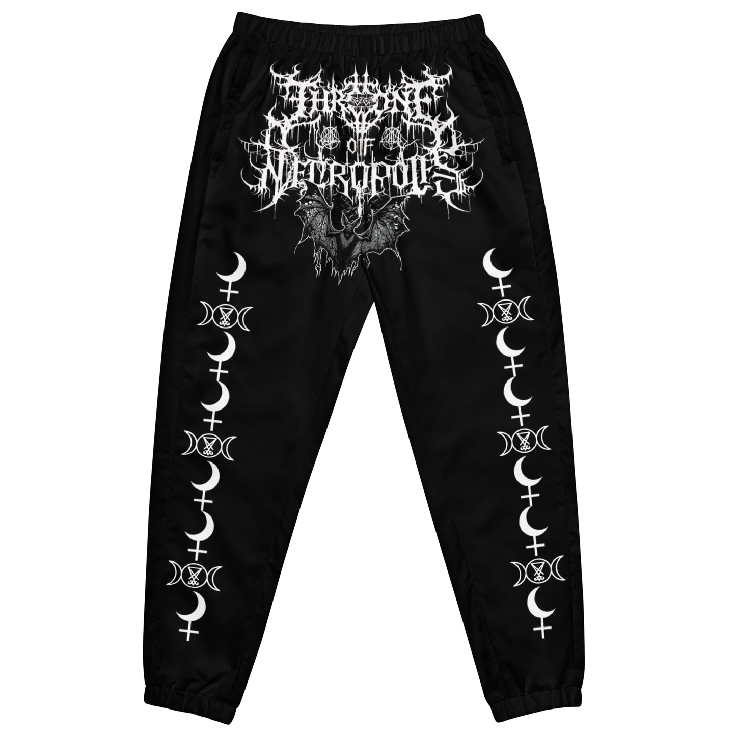 black joggers pants sweat with evil bat and throne of necropolis print on crotch with lilith seal moon and lucifer seal triple moon in white print front view