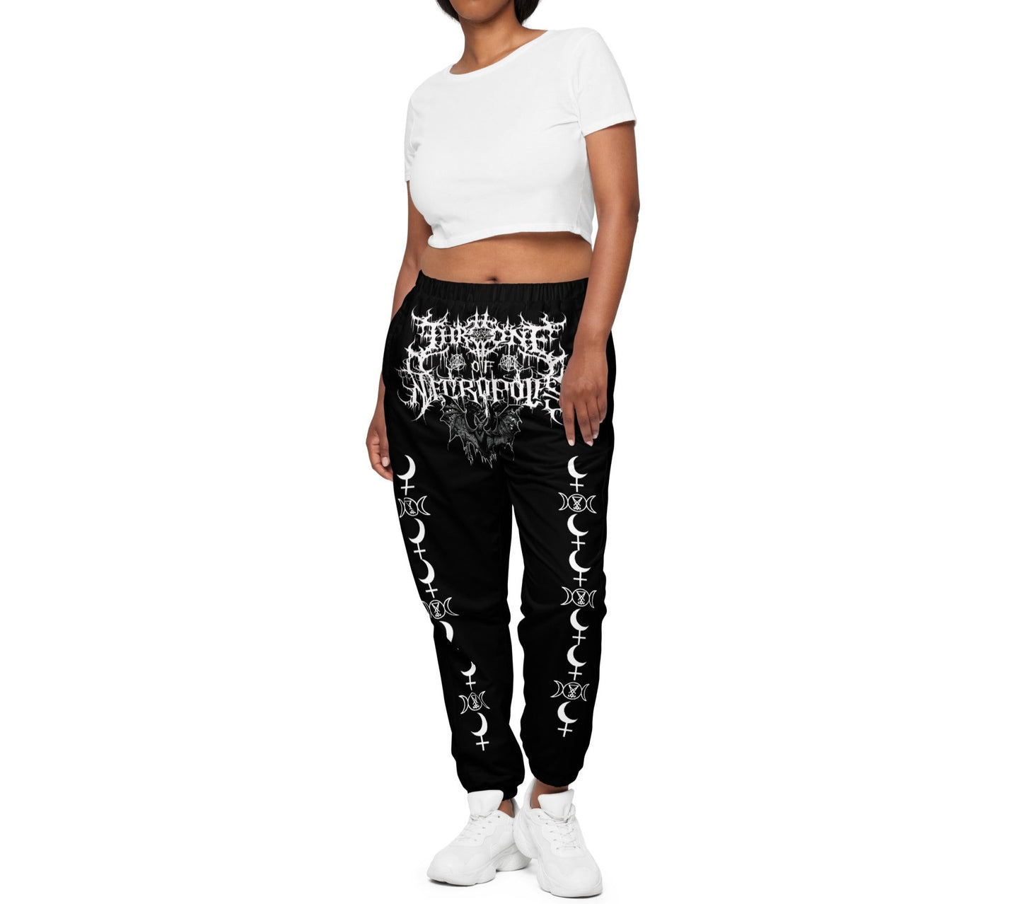 model wearing black joggers pants sweat with evil bat and throne of necropolis print on crotch with lilith seal moon and lucifer seal triple moon in white print front view