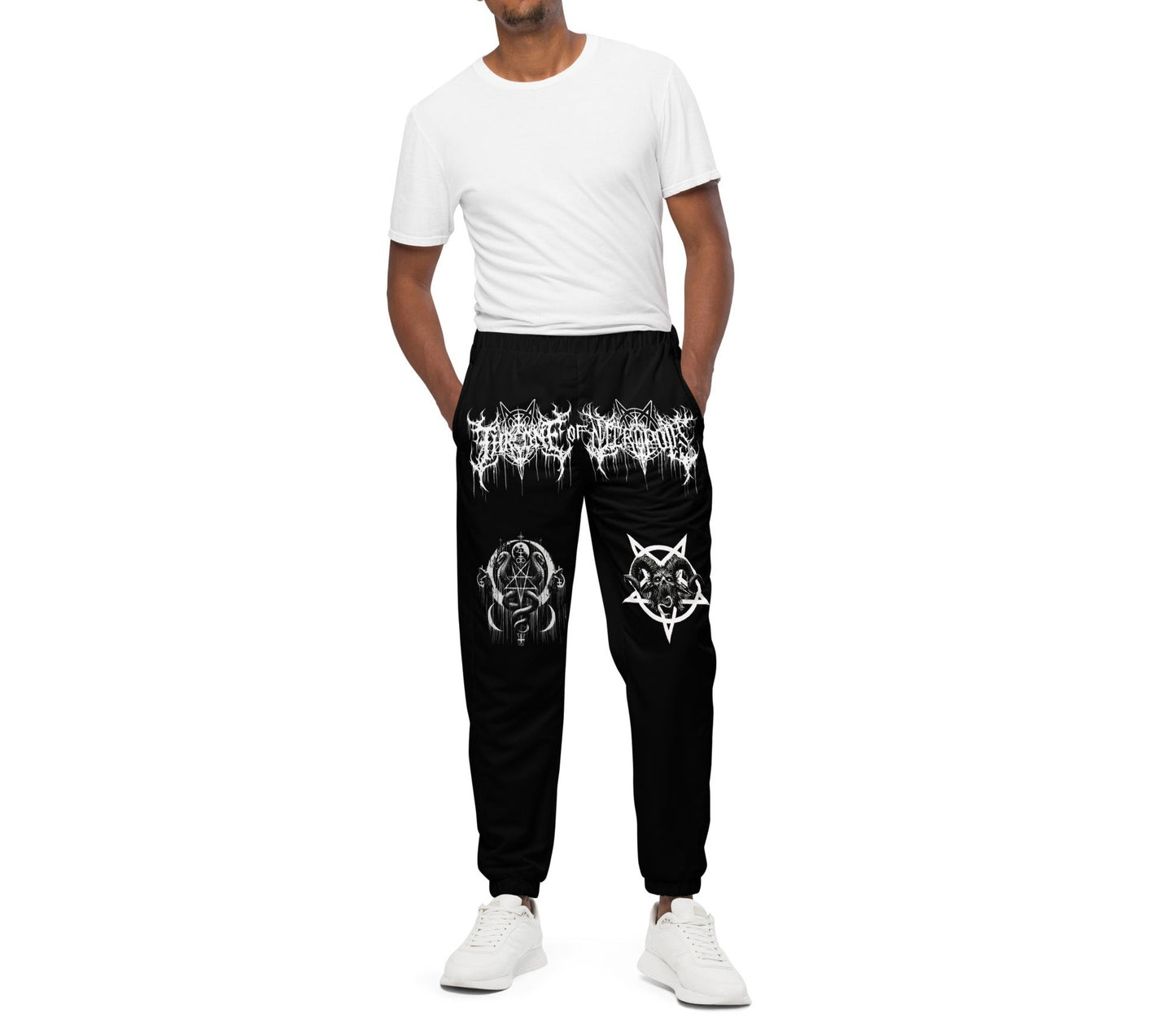 model wearing eldritch realm black pants sweats joggers with throne of necropolis logo print on crotch with pentagram demon on left leg and order of ascension moon snakes pentagram seal of lucifer on right leg front view white print