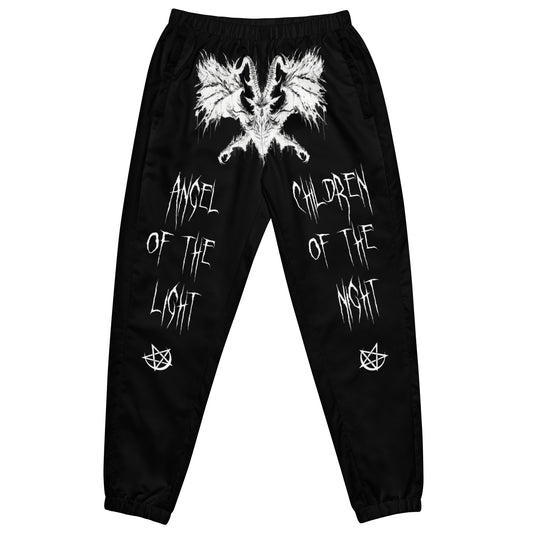 Black Joggers Pants Sweats Wing Demon Baphomet Print in white on crotch Throne of Necropolis White Print on back Angel of the light leg Print and Children of the night Leg Print Alternative Streetwear Goth Witchcraft Occult Crescent Moon Pentagram front view