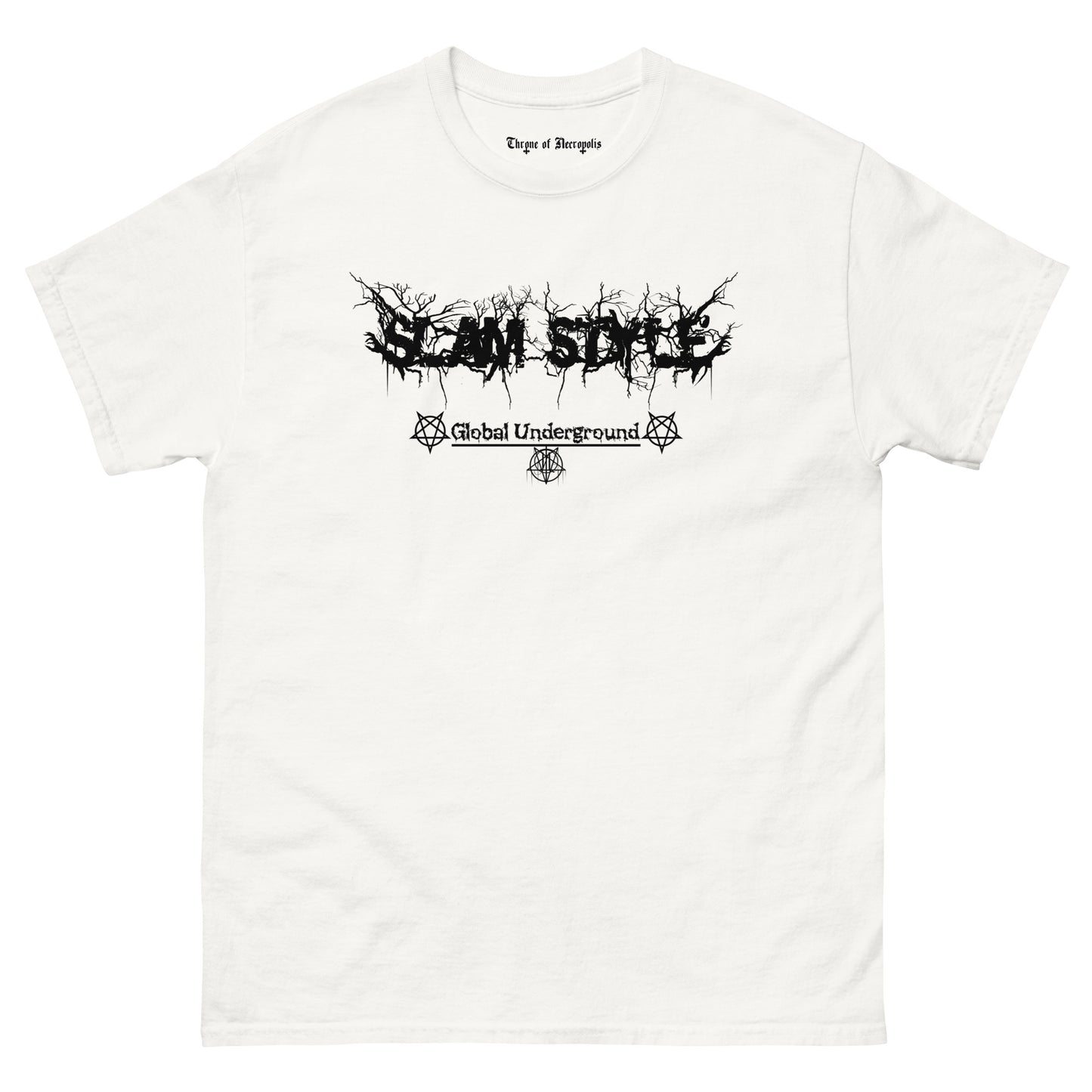 slam style global underground deathcore death metal pentagram black on white throne of necropolis extreme music metal alt alternative street wear tee shirt slamming death slam bands slam logo black font white shirt