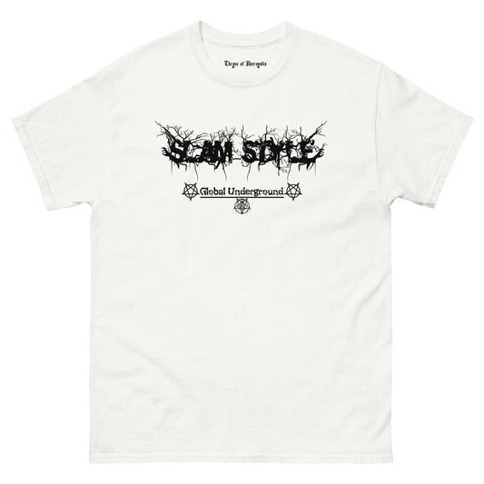 slam style global underground deathcore death metal pentagram black on white throne of necropolis extreme music metal alt alternative street wear tee shirt slamming death slam bands slam logo black font white shirt