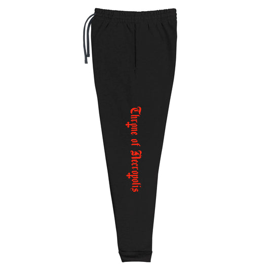 Black Joggers Pants Sweats Alternative Streetwear Red Ghoul Throne of Necropolis logo Print and Seal Sigil Witch Occult Witchcraft Goetia SIDE view