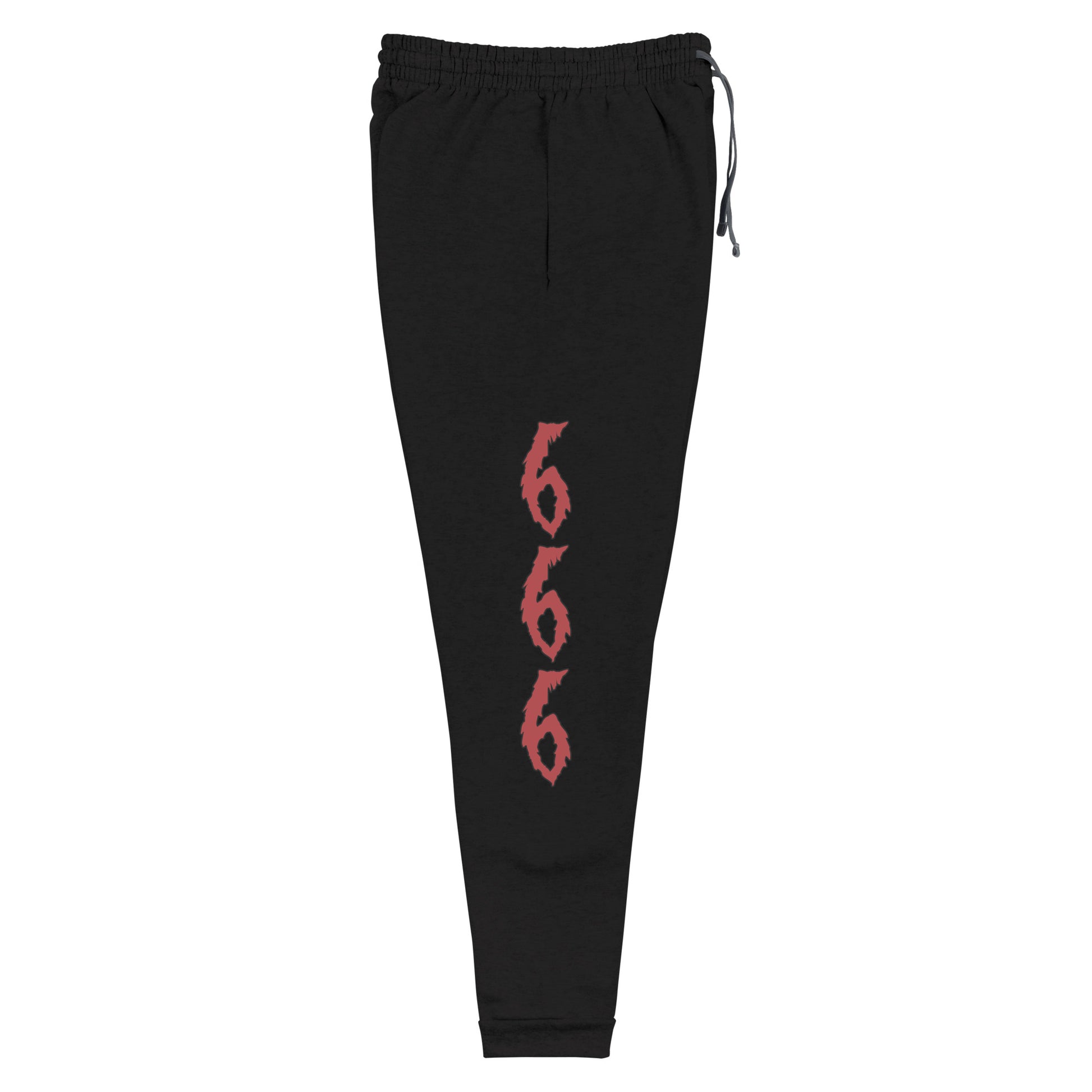 red 666 on right leg of black joggers pants sweats 