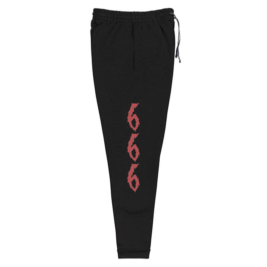 red 666 on right leg of black joggers pants sweats 