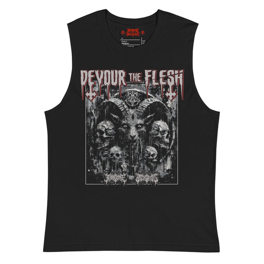 Devour the Flesh Muscle Shirt Baphomet  Satanic Lucifer Occult Witchcraft Summon Conjure Throne of Necropolis Apparel Alternative Clothing Evil Streetwear Goth Pentagram Tee Tank Top Sleeveless Distressed Distortred Smeared Skulls Cracked Scary Horror Blaspemous Blasphemy Black Magic Hail Satan Front View 