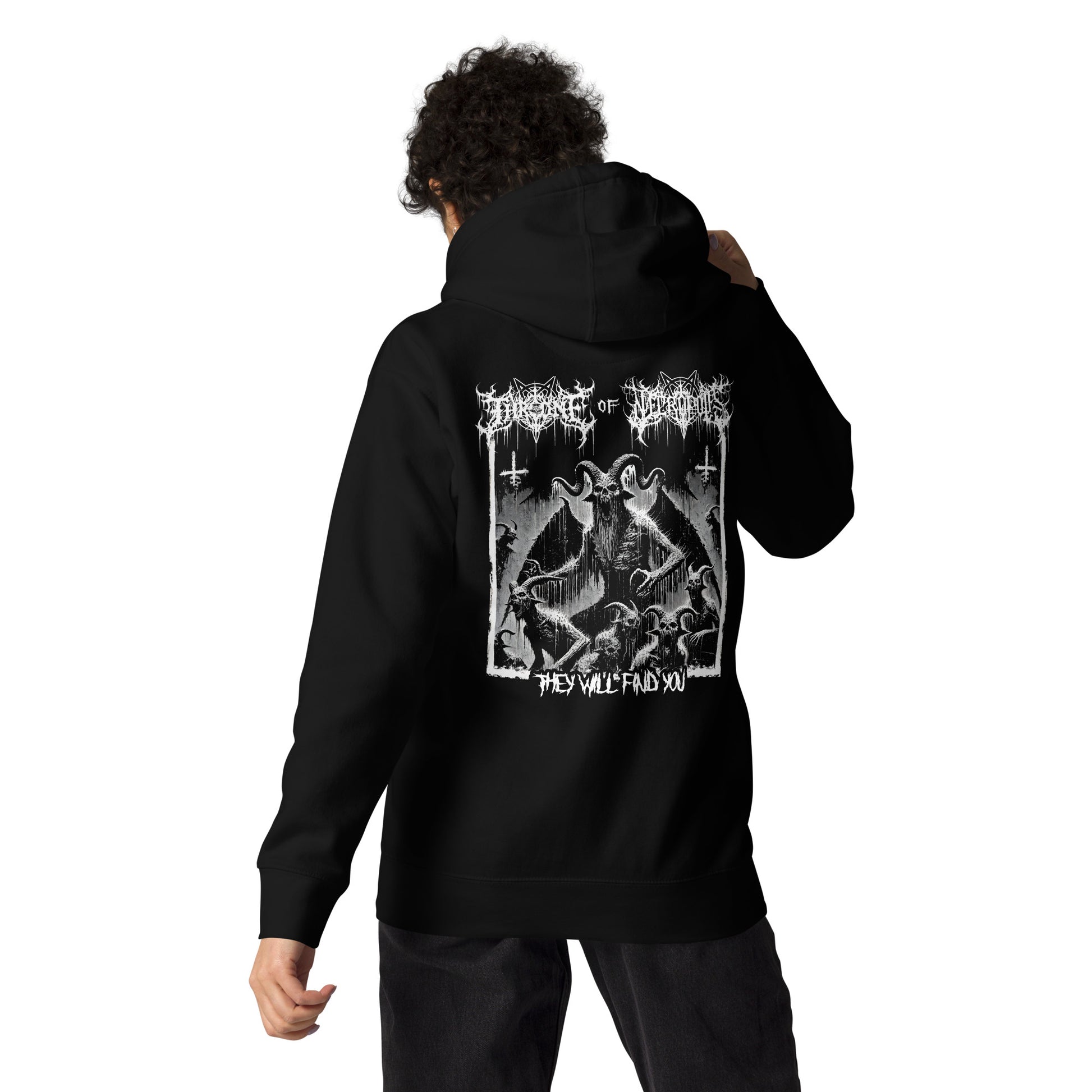 girl wearing throne of necropolis hoodie they will find you black goth evil demon baphomet satan alt fashion alternative clothes apparel death metal pentagram winter hoodie black metal back view