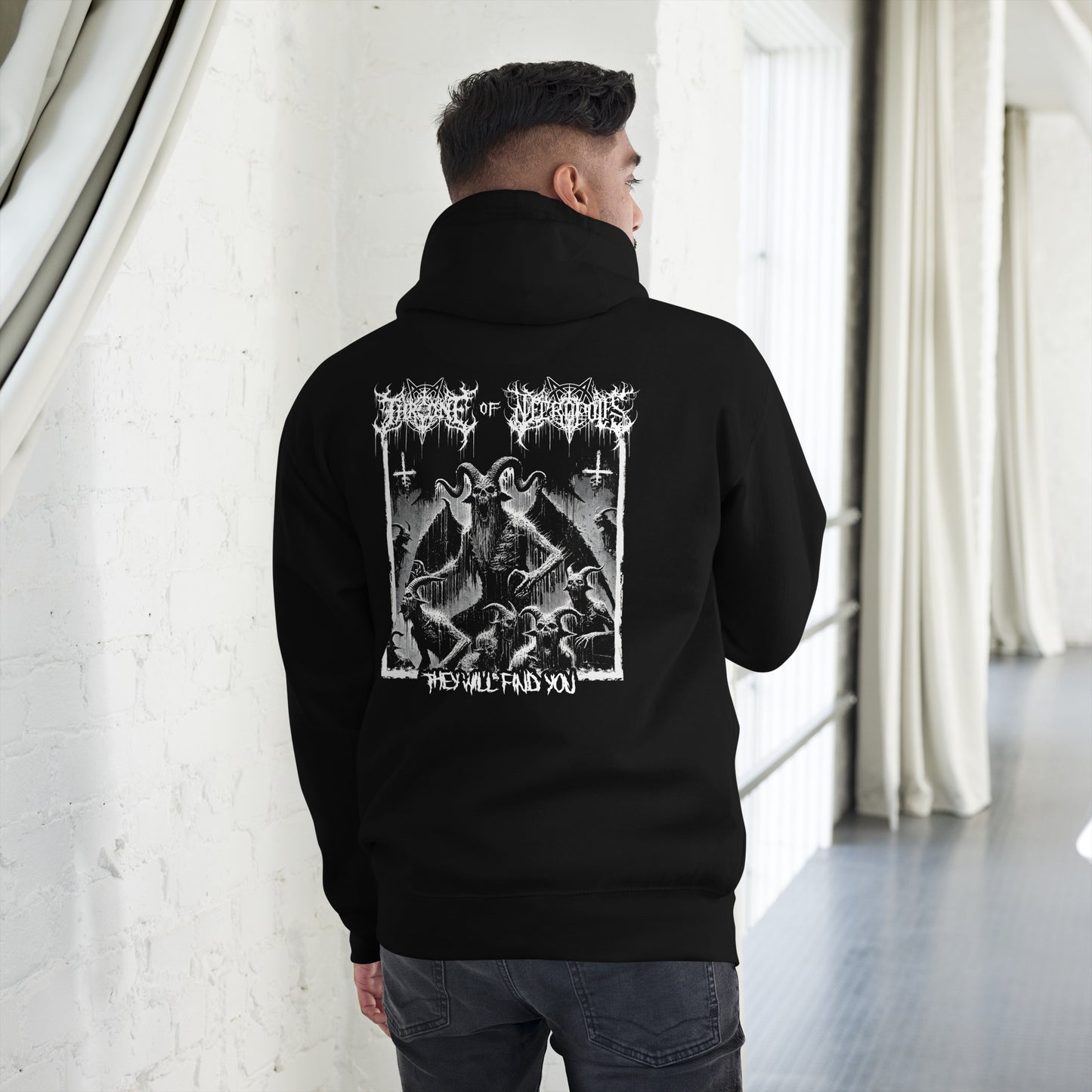 model wearing throne of necropolis hoodie they will find you black goth evil demon baphomet satan alt fashion alternative clothes apparel death metal pentagram winter hoodie black metal back view