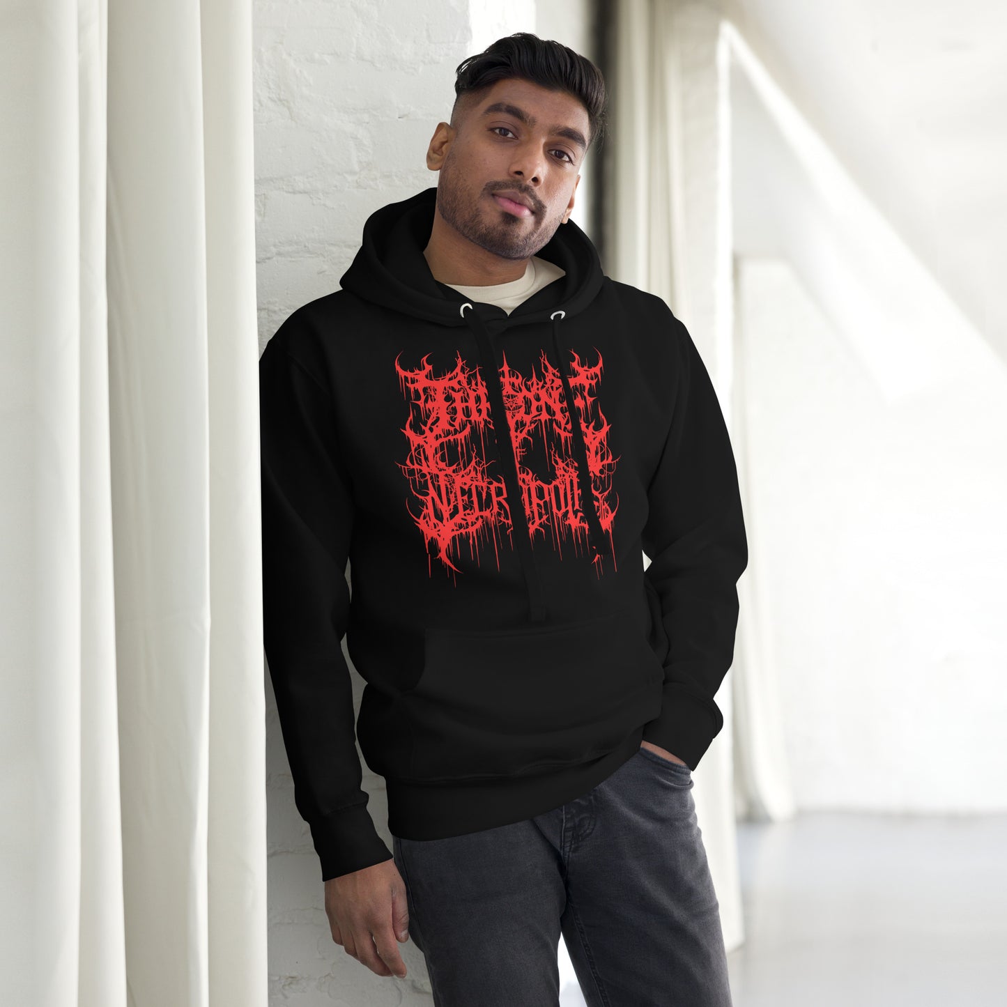 guy wearing throne of necropolis hoodie goth hoodie death hoodie death metal hoodie alt hoodie alternative hoodie black Red logo blood red blackmetal black metal slam