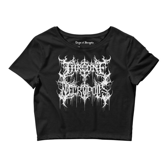 throne of necropolis black crop top with white death metal deathcore slam style genre font letters sharp dripping pentagram satan lucifer baphomet witch craft alt street wear front view